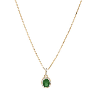 Collier en vermeil pendentif pierre centrale verte avec contour d\'oxydes blancs sertis - 42+3cm - Vue 2