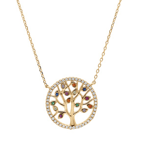 Collier en vermeil arbre de vie multicouleurs avec le contour d\'oxydes blancs sertis  39+4cm - Vue 2