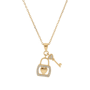 Collier en vermeil avec pendentif cadenas coeur et clef oxydes blancs sertis 39+2+2cm - Vue 2