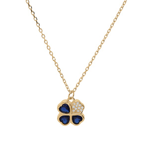 Collier en vermeil avec pendentif tr�fle et coeur 10mm oxydes bleus et blancs - 39+2+2cm - Vue 2