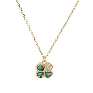 Collier en vermeil avec pendentif tr�fle et coeur 10mm oxydes verts et blancs -  39+2+2cm - Vue 2
