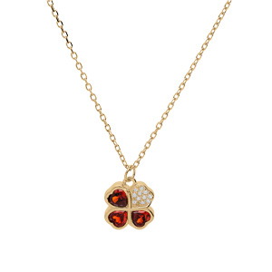 Collier en vermeil avec pendentif tr�fle et coeur 10mm oxydes rouges et blancs -  39+2+2cm - Vue 2