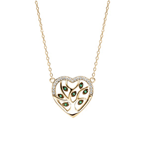 Collier en vermeil pendentif coeur avec arbre de vie pierres vertes et contour d\'oxydes blancs sertis  - 40+5cm - Vue 2