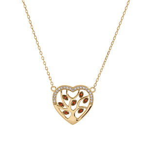 Collier en vermeil pendentif coeur avec arbre de vie pierres rouges et contour d\'oxydes blancs sertis  - 40+5cm - Vue 2