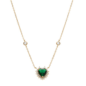 Collier en vermeil coeur d\'oxyde vert et contour d\'oxydes blancs sertis - 42+3cm - Vue 2