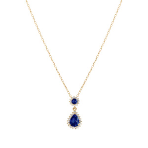 Collier en vermeil pendentif goutte oxydes bleu et contour oxydes blancs sertis  - 42+3cm - Vue 2