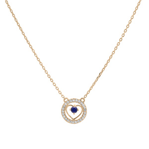 Collier en vermeil cha�ne avec pendentif anneau cercl� d\'oxydes blancs et coeur Saphir v�ritable 42+3cm - Vue 2