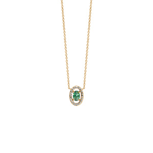 Collier en vermeil pendentif forme ovale verre vert entourage oxydes blancs sertis  - 40+4cm - Vue 2