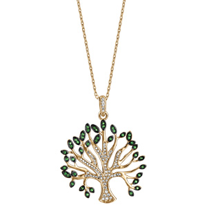 Collier en vermeil massif pendentif arbre de vie oxydes blancs et verts sertis -  40+5cm - Vue 2