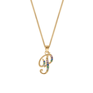 Collier en vermeil pendentif initiale P oxydes multi couleurs sertis  - 42+3cm - Vue 2