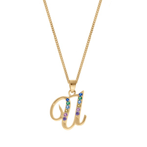 Collier en vermeil pendentif initiale U oxydes multi couleurs sertis  - 42+3cm - Vue 2