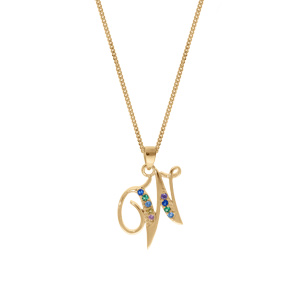 Collier en vermeil pendentif initiale W oxydes multi couleurs sertis  - 42+3cm - Vue 2