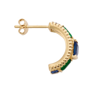 Boucles d\'oreilles en plaqu� or oxydes multicouleurs demi-cr�oles verte et bleue contour oxydes blancs et fermoir poussette - Vue 2