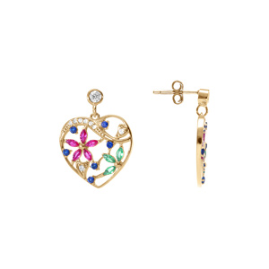 Boucles d\'oreille tige en plaqu� or coeur avec fleurs d\'oxydes multi couleurs - Vue 2