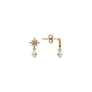 Boucles d\'oreille tige en plaqu or forme etoile oxydes blancs et perle blanche imitation - Vue 2