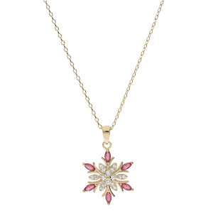 Collier en plaqu� or cha�ne avec pendentif flocon de neige oxydes blancs et roses 42+3cm - Vue 2