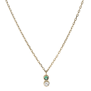 Collier en plaqu� or cha�ne avec pendentif 2 oxydes vert et blanc sertis clos 40+4cm - Vue 2