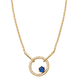 Collier plaqu� or forme rond 1 verre bleu fonc� contour oxydes blancs sertis - longueur 40+4cm - Vue 2