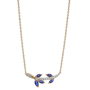 Collier en plaqu� or avec pendentif feuillage bleu nuit et oxydes blancs sertis 42+3cm - Vue 2