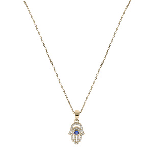 Collier en plaqu� or cha�ne avec pendentif main de Fatma pav�e d\'oxydes blancs et bleu 35+5cm - Vue 2