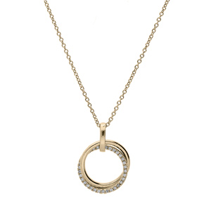 Collier en plaqu� or cha�ne avec pendentif double cercle lisse et scintillant oxydes blancs sertis 40+4cm - Vue 2