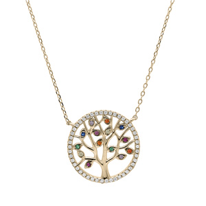 Collier en plaqu� or avec pendentif arbre de vie oxydes multi couleurs et contour oxydes blancs sertis 40+3cm - Vue 2