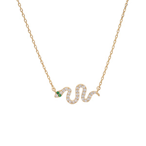 Collier en plaqu� or avec pendentif serpent oxydes blancs et verts sertis 40+5cm - Vue 2