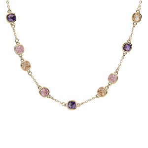 Collier en plaqu� or cha�ne avec pierres carr�es violette, rose et orange 40+4cm - Vue 2