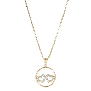 Collier en plaqu� or cha�ne avec pendentif cercle 2 coeurs oxydes blancs sertis 40+5cm - Vue 2