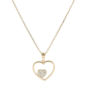Collier en plaqu� or cha�ne avec pendentif coeur �vid� petit coeur oxydes blancs sertis 40+5cm - Vue 2