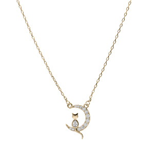 Collier en plaqu� or cha�ne avec pendentif lune 10mm avec chat oxydes blancs sertis 40+4,5cm - Vue 2
