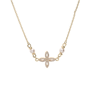 Collier en plaqu� or avec pendentif fleur en oxydes blancs sertis et perles blanches de synth�se 40+6cm - Vue 2