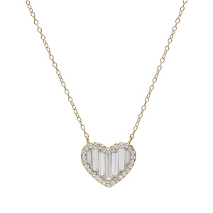 Collier en plaqu� or avec pendentif coeur oxydes blancs rectangulaires et contour oxydes blancs sertis 40+8cm - Vue 2