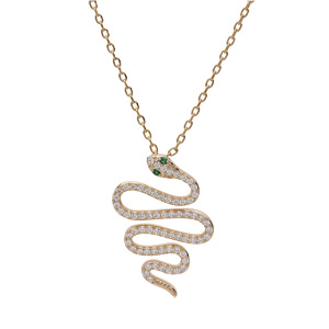 Collier en plaqu� or cha�ne avec pendenti serpent pav� d\'oxydes blancs et yeux verts 40+5cm - Vue 2