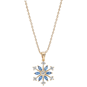 Collier en plaqu� or cha�ne avec pendentif flocon de neige oxydes blancs sertis et navettes bleues 40+5cm - Vue 2