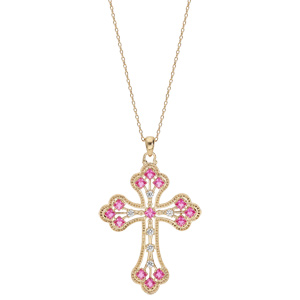 Collier en plaqu� or cha�ne avec pendentif croix empierr�e rose 40+5cm - Vue 2