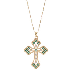 Collier en plaqu� or cha�ne avec pendentif croix empierr�e d\'oxydes verts fonc�s 40+5cm - Vue 2