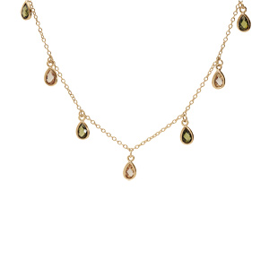 Collier en plaqu� or cha�ne avec pampilles gouttes d\'oxydes verts et orang� 40+5cm - Vue 2