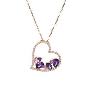 Collier en plaqu� or cha�ne avec pendentif coeur oxydes violets et roses contour oxydes blancs 40+5cm - Vue 2