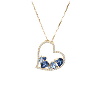 Collier en plaqu� or cha�ne avec pendentif coeur oxydes bleus contour oxydes blancs 40+5cm - Vue 2