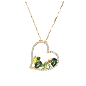Collier en plaqu� or cha�ne avec pendentif coeur oxydes verts contour oxydes blancs 40+5cm - Vue 2