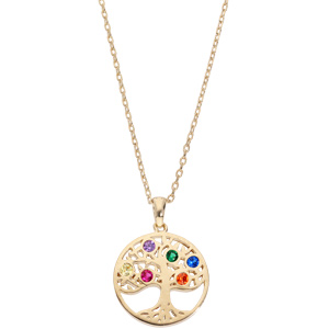 Collier en plaqu� or cha�ne avec pendentif rond arbre de vie empierr� multicolore 40+5cm - Vue 2