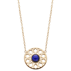 Collier en plaqu� or cha�ne avec rosace ajour� coeur Lapis Lazuli v�ritable 42cm - Vue 2