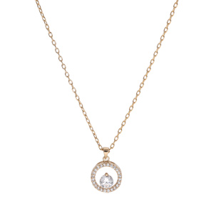 Collier en plaqu� or cha�ne avec pendentif rondelle �vid�e avec oxydes blancs sertis et 1 oxyde blanc serti 40+5cm - Vue 2