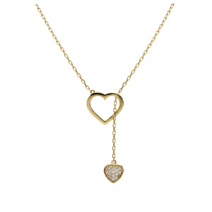 Collier en plaqu� or cha�ne avec coeur �vid� et 1 coeur oxydes blancs sertis 41+3cm - Vue 2