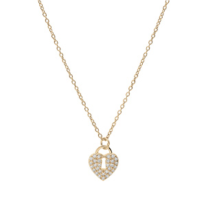 Collier en plaqu� or cha�ne avec pendentif cadenas coeur pav� oxydes blancs 42+3cm - Vue 2
