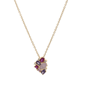 Collier en plaqu� or cha�ne avec pendentif g�om�trie oxydes roses et violets 42+3cm - Vue 2