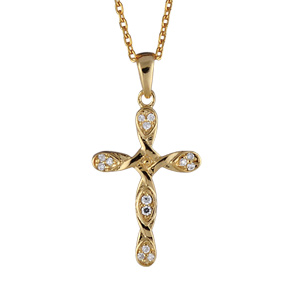 Collier en plaqu� or cha�ne avec pendentif croix vrill�e et orn�e de petits oxydes blancs - longueur 42cm + 3cm de rallonge - Vue 2