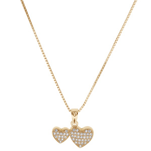 Collier en plaqu� or cha�ne avec pendentif double coeur et oxydes blancs sertis 40+5cm, b�li�re coeur - Vue 2
