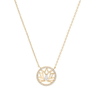 Collier en plaqu� or cha�ne avec pendentif rond cercl� d\'oxydes blancs sertis et fleur de lotus 39+4cm - Vue 2